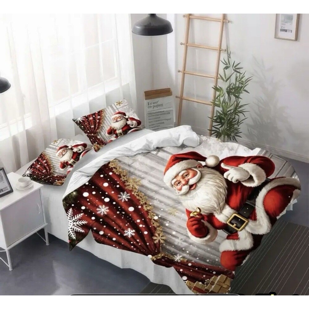 3-Pcs Santa Claus Bedding Set, Holiday Theme Digital Printed Quilt Cover Pillowc
